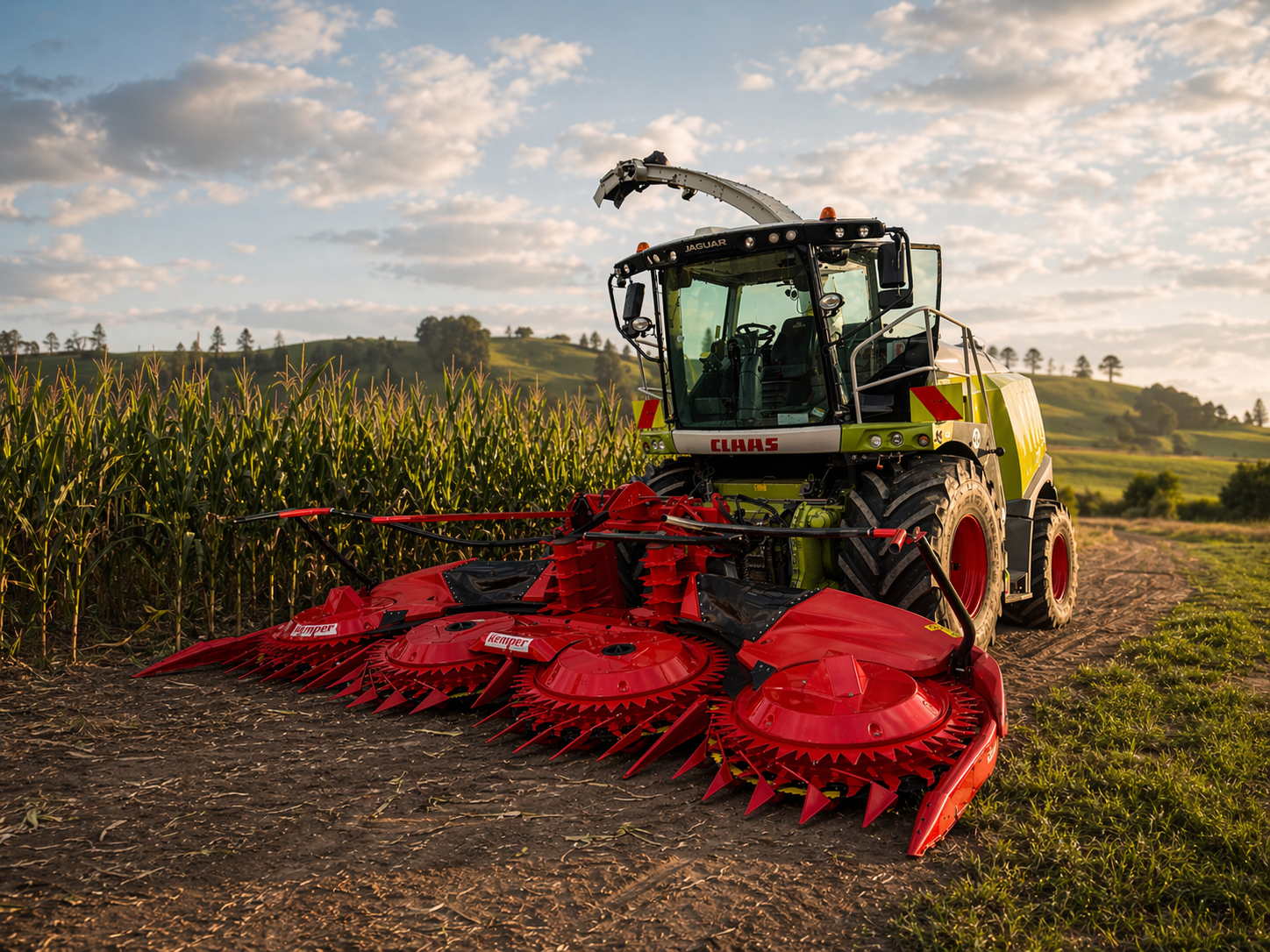 CLAAS forage harvester with a red Kemper maize header beside a maize crop